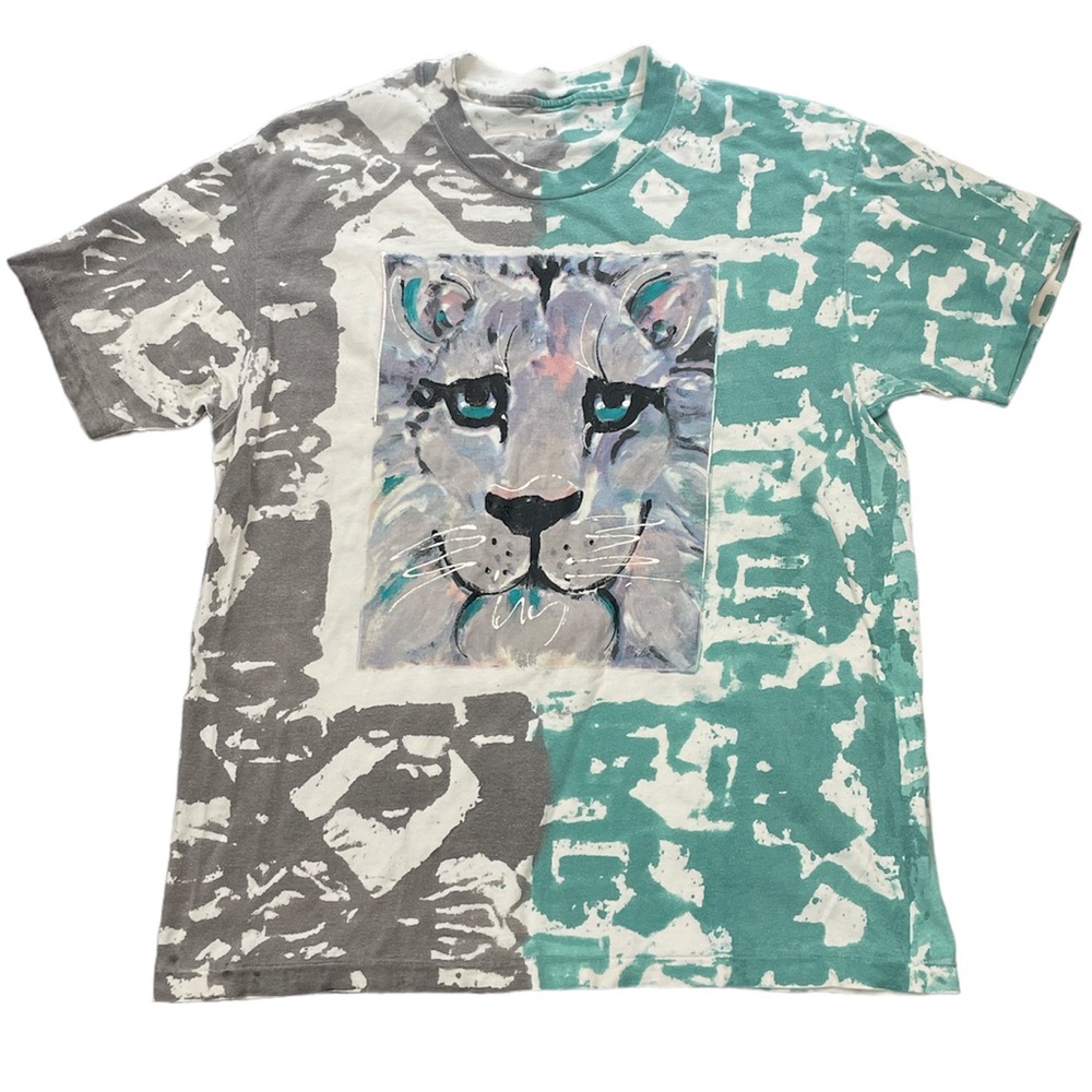 Vintage Lion Puff Paint Tie Dye Gray Teal T-shirt Size Large